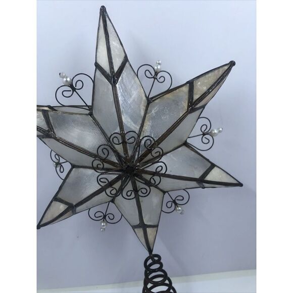 Capiz Shell Star Bronze Metal Filigree Hearts & Pearls Tree Topper 10-1/2" - Picture 3 of 14